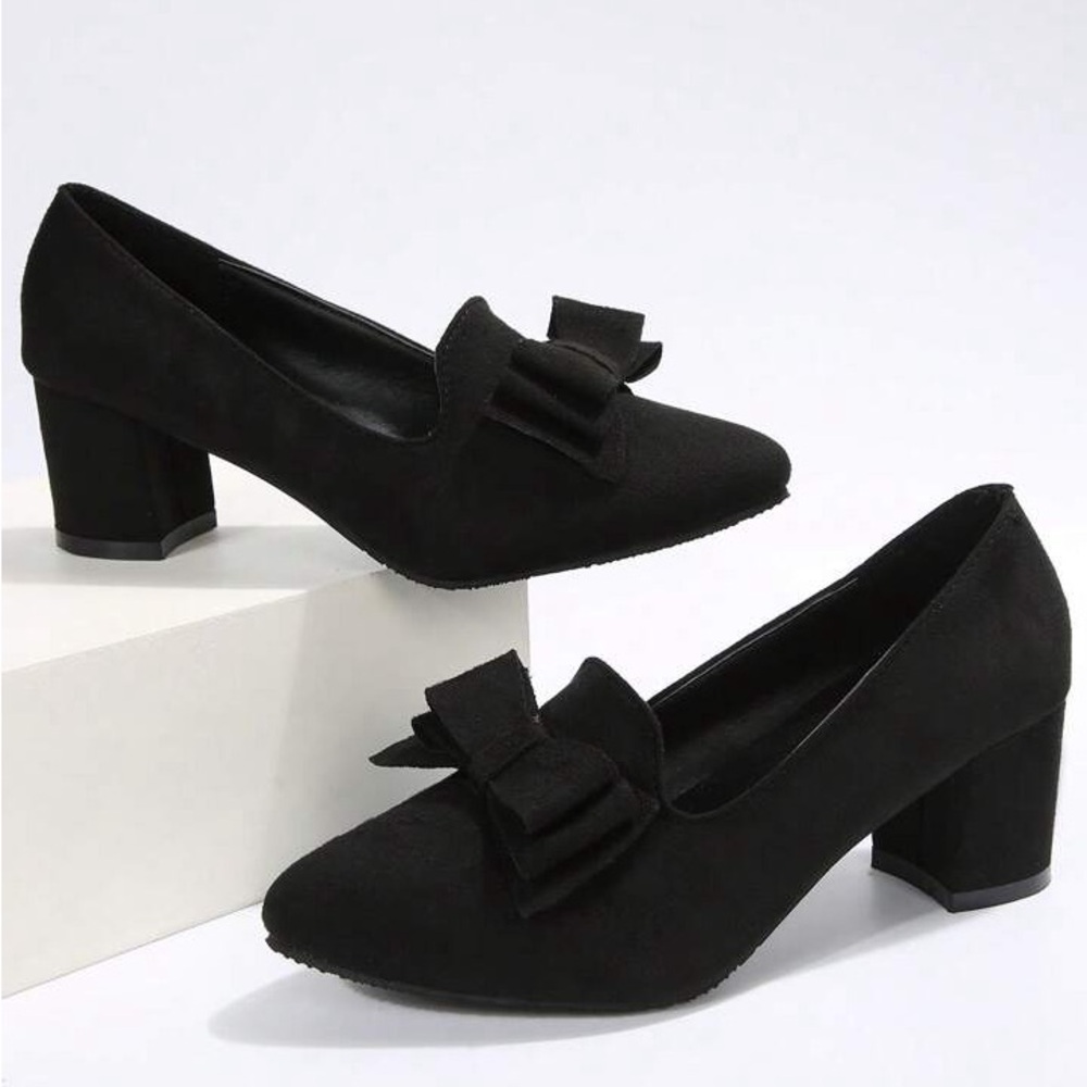 Women's High Heel Pumps With Bow Decoration, Chunky Block Heels And Loafers
